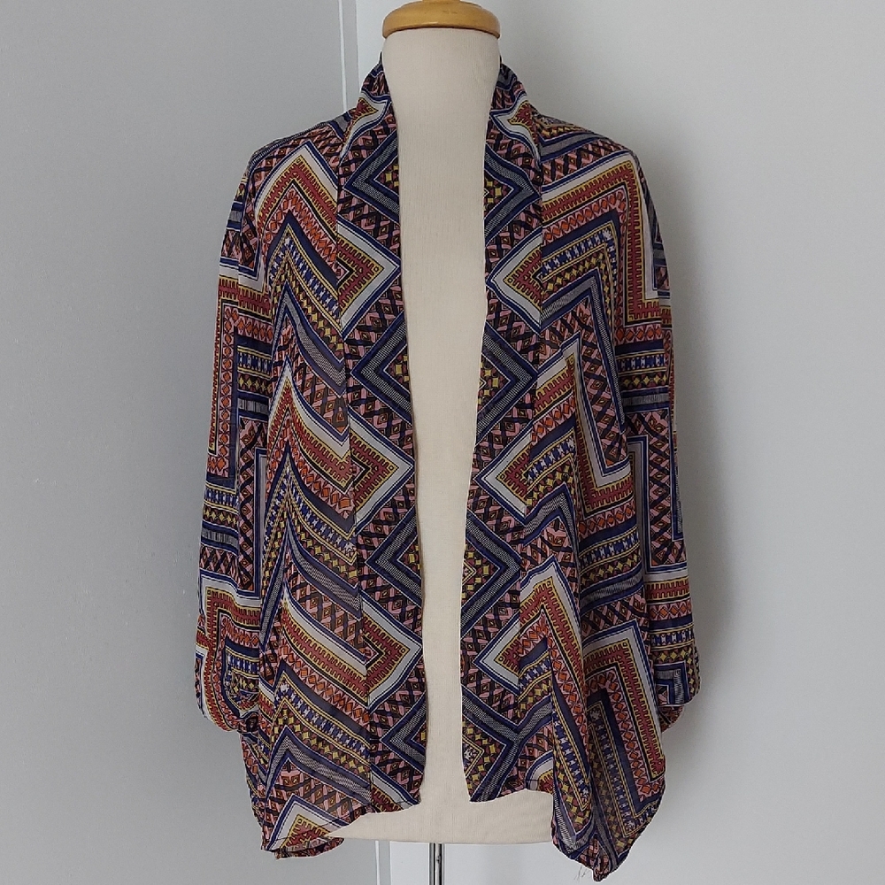 Fun & Flirt Red and Blue Shrug Sweater with Geometric Design